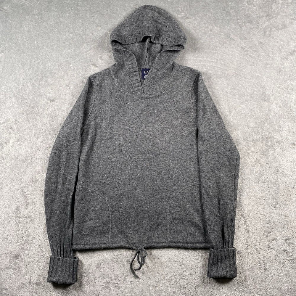 Vtg Gap Sweater Womens Sz XS Grey Hooded Split Pocket Wool Cashmere Angora Y2K